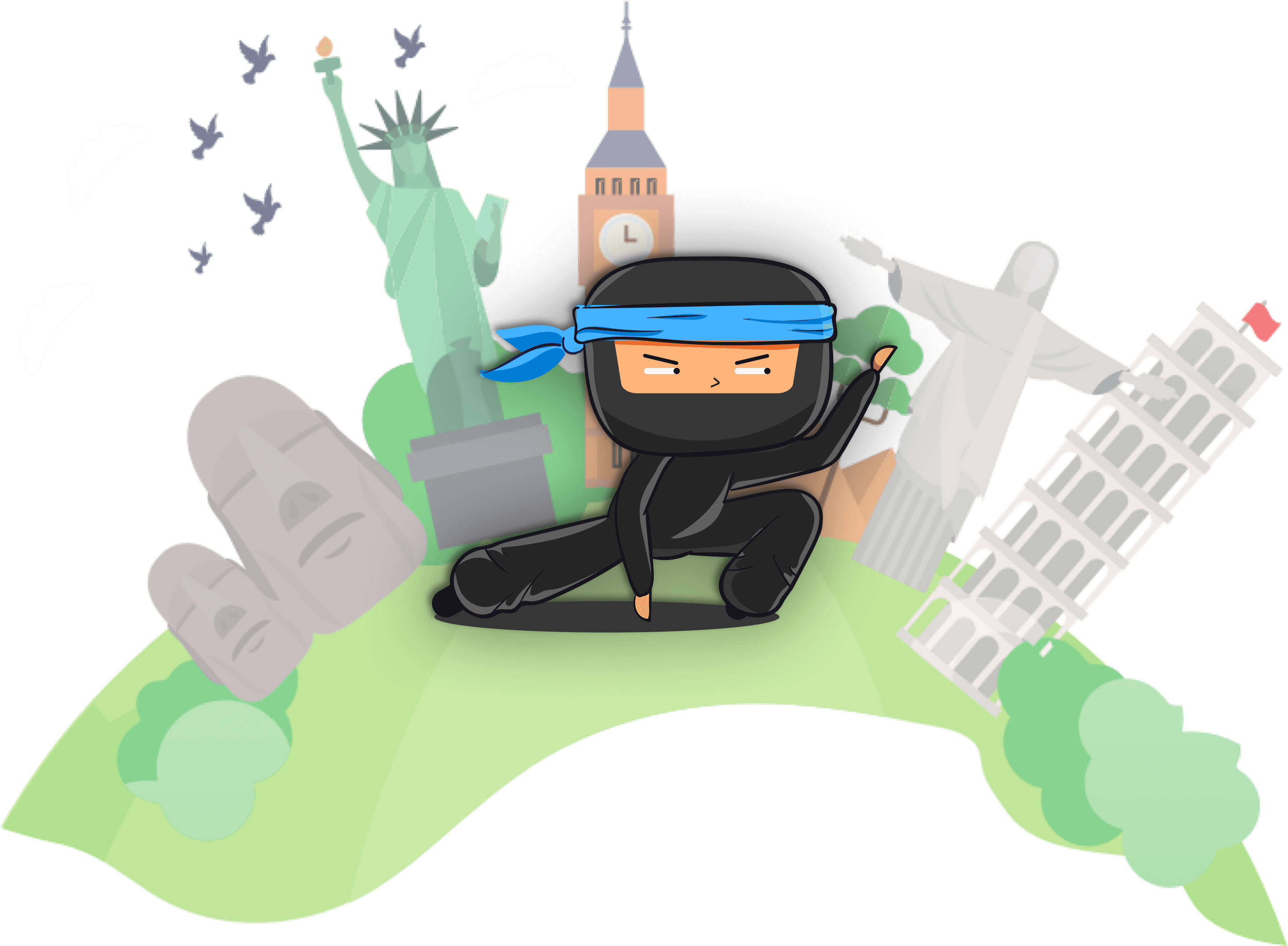The VPNCity ninja in front of famous landmarks.